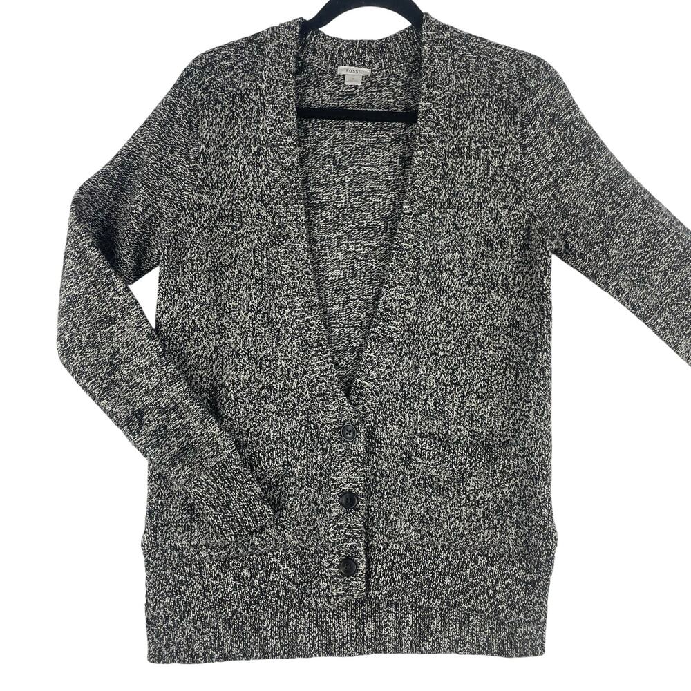 Fossil Womens Cardigan SZ S Black/White Marled Merino Wool & Silk V-Neck